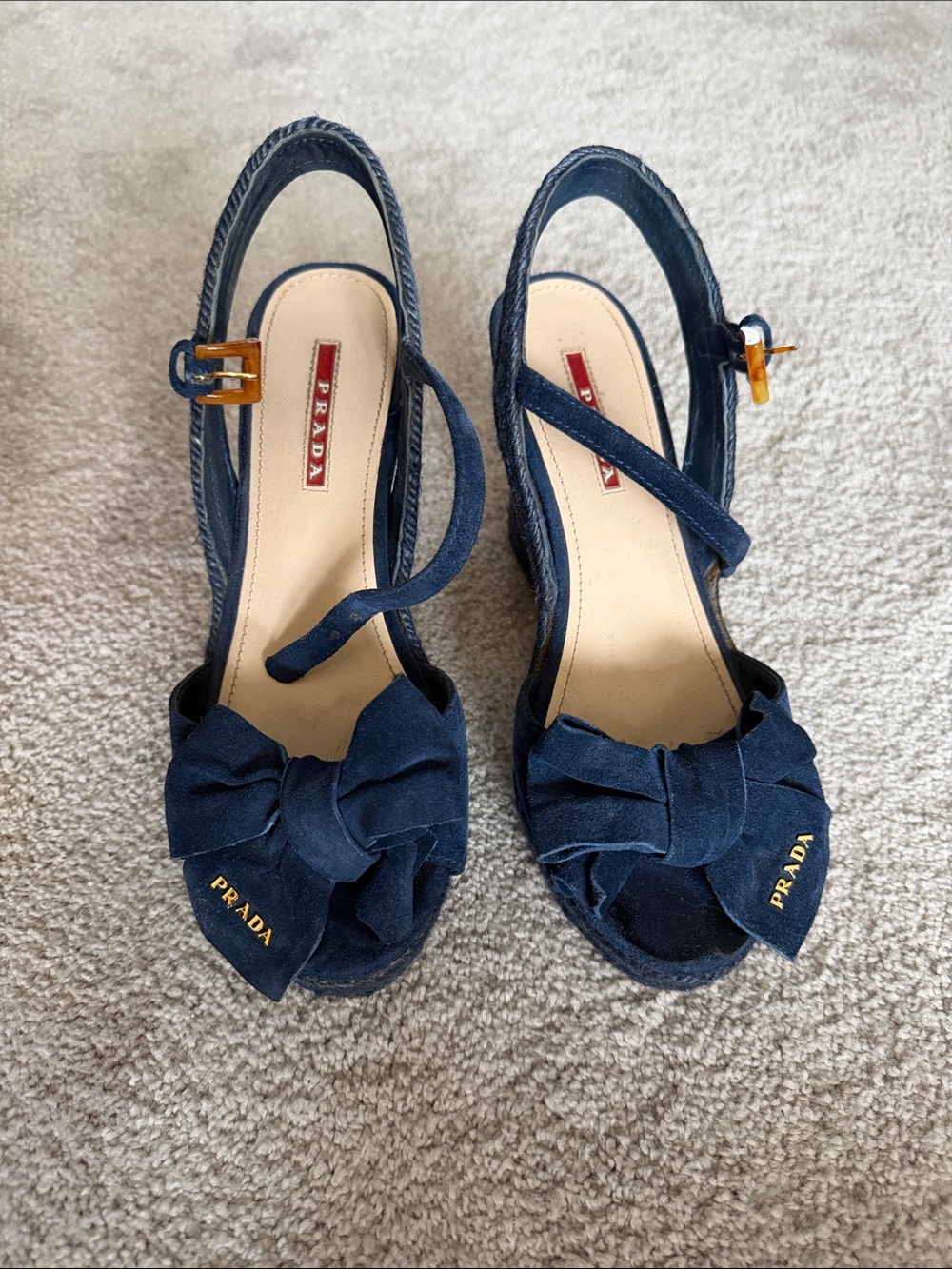 Prada Navy Suede Bow Slingback Sandals with Gold Accent